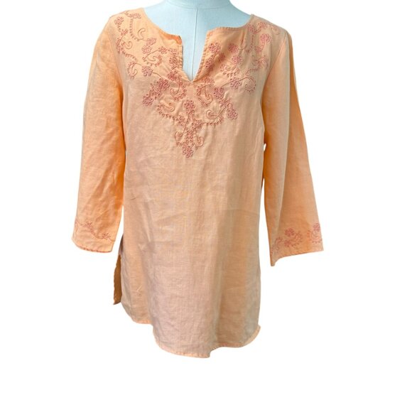 Edward Irish Linen Tunic Top Women’s SZ:M Peach Embroidered Boho 3/4 Sleeve - Picture 6 of 8